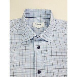 Eton Slim Size Large 16 Euro 41 Mens Blue White Check Long Sleeve Spread Collar